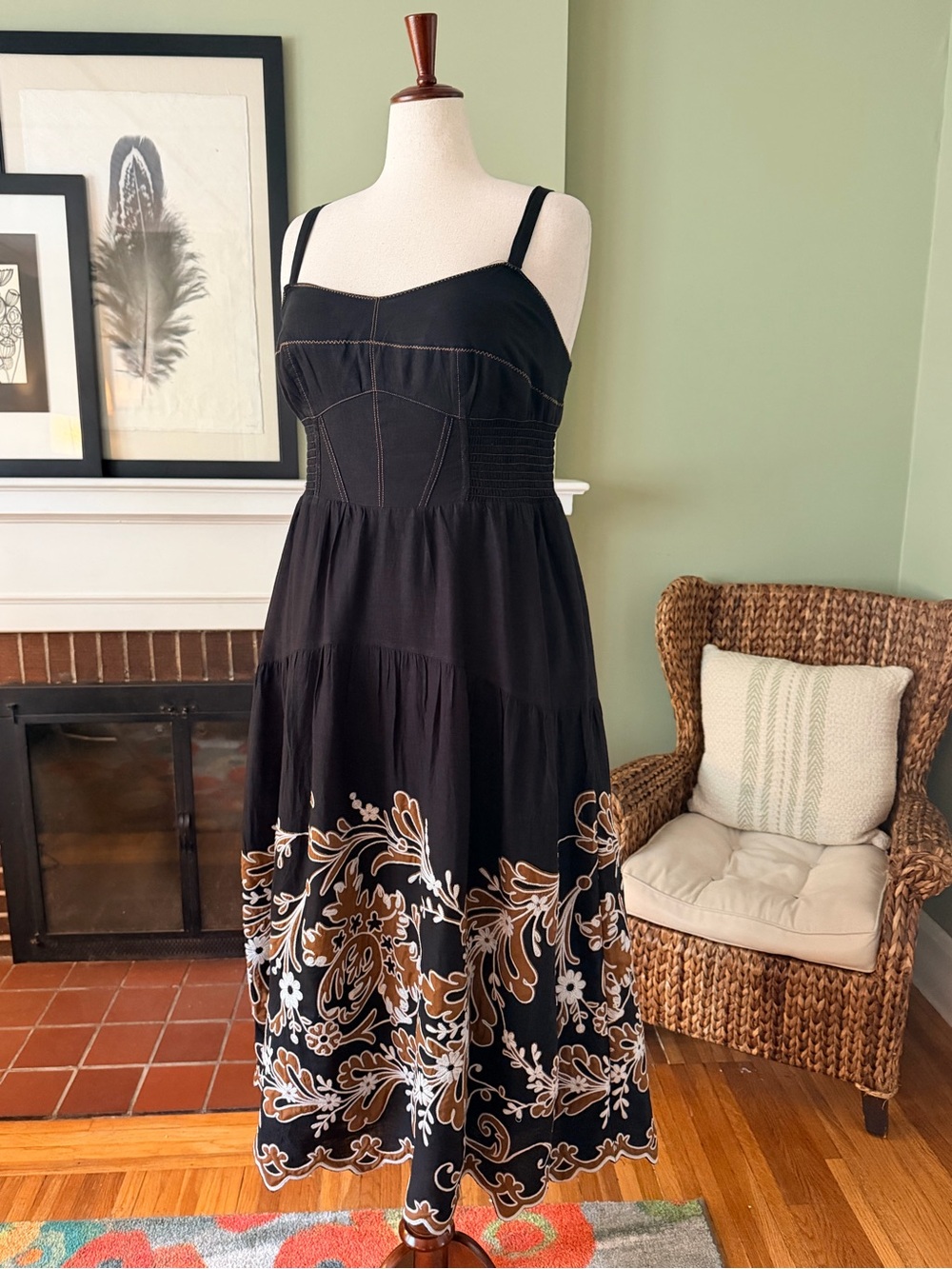 Anthropologie Black Embroidered Corset Midi Dress with Scalloped Hem - Size 2X